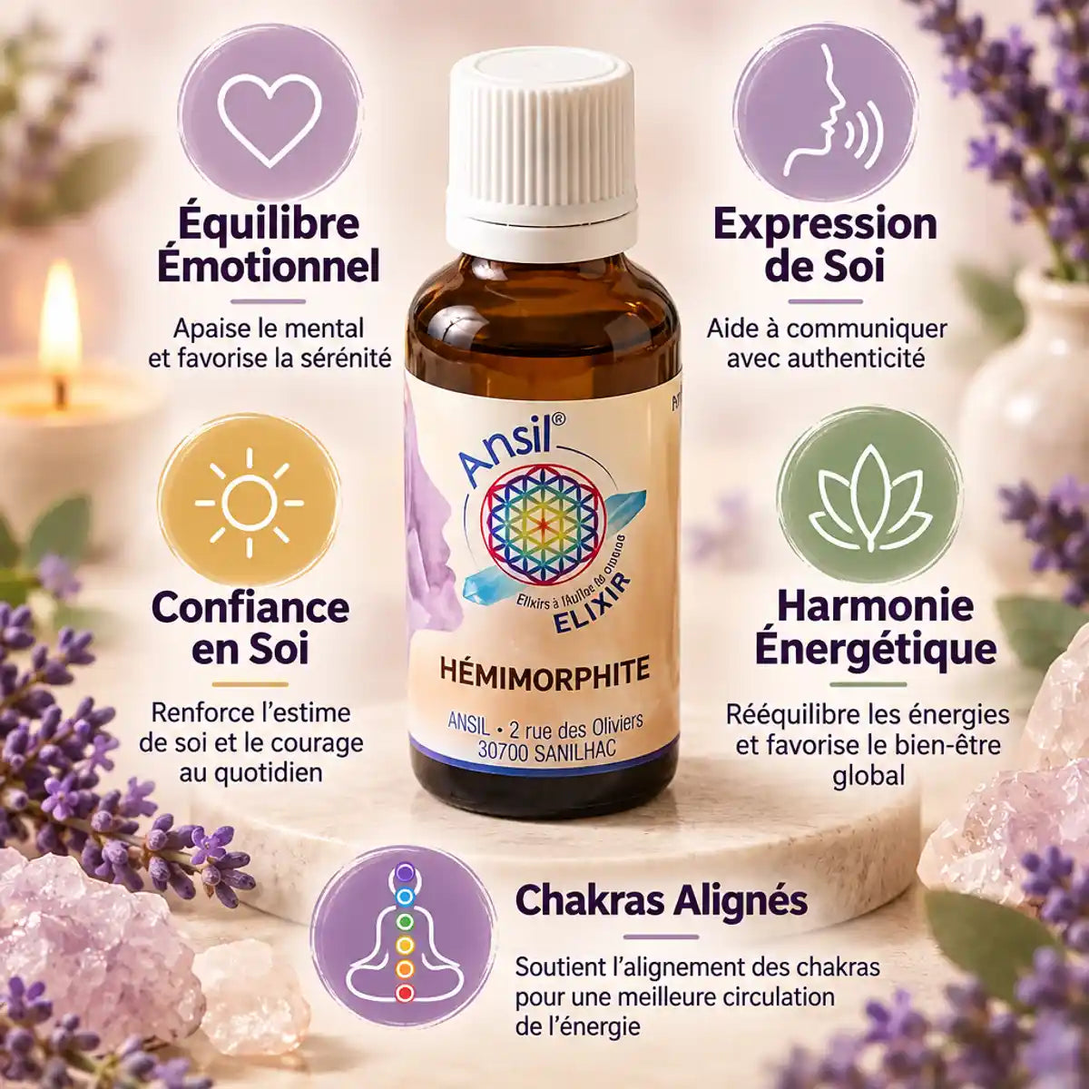 Hémimorphite Elixir 30ml Ansil - Flacon cristal violet avec bénéfices énergétiques et chakras
