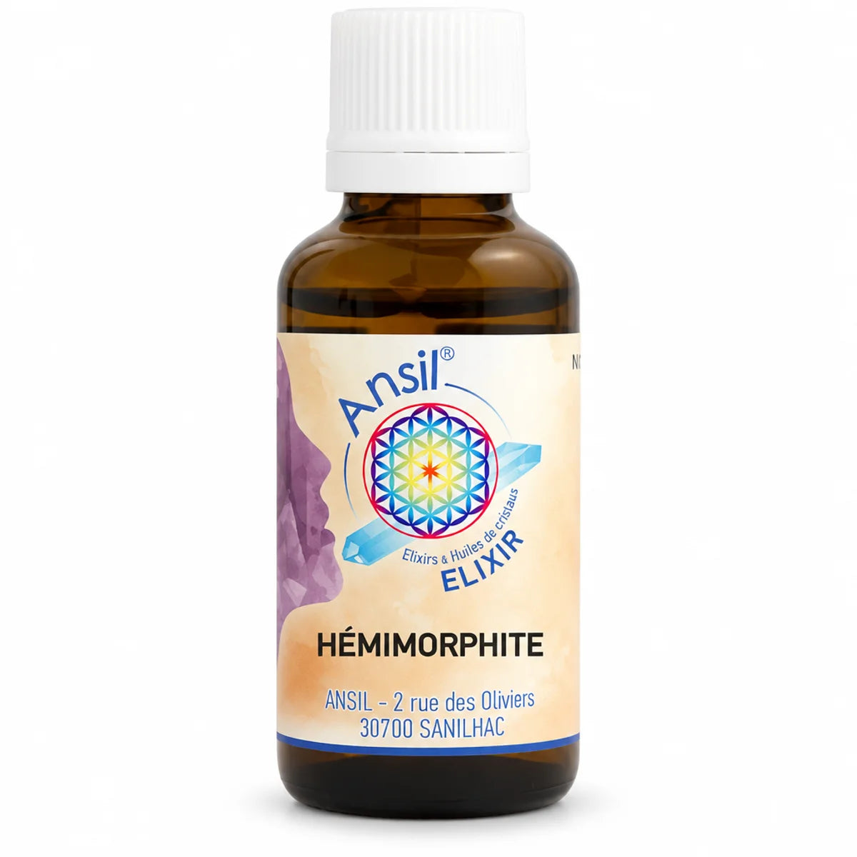Flacon Hémimorphite Elixir 30ml Ansil cristal - Élixir de cristal en bouteille verre ambré