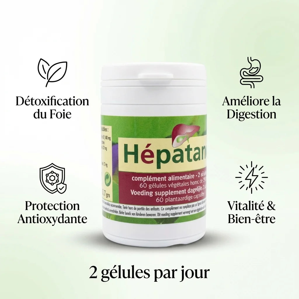 Hépatance soutien foie 60 gélules Jade Recherche avec icônes détoxification digestion antioxydants vitalité
