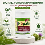 Hépatance foie 60 gélules avec infographie bénéfices détoxification naturelle énergie vitalité