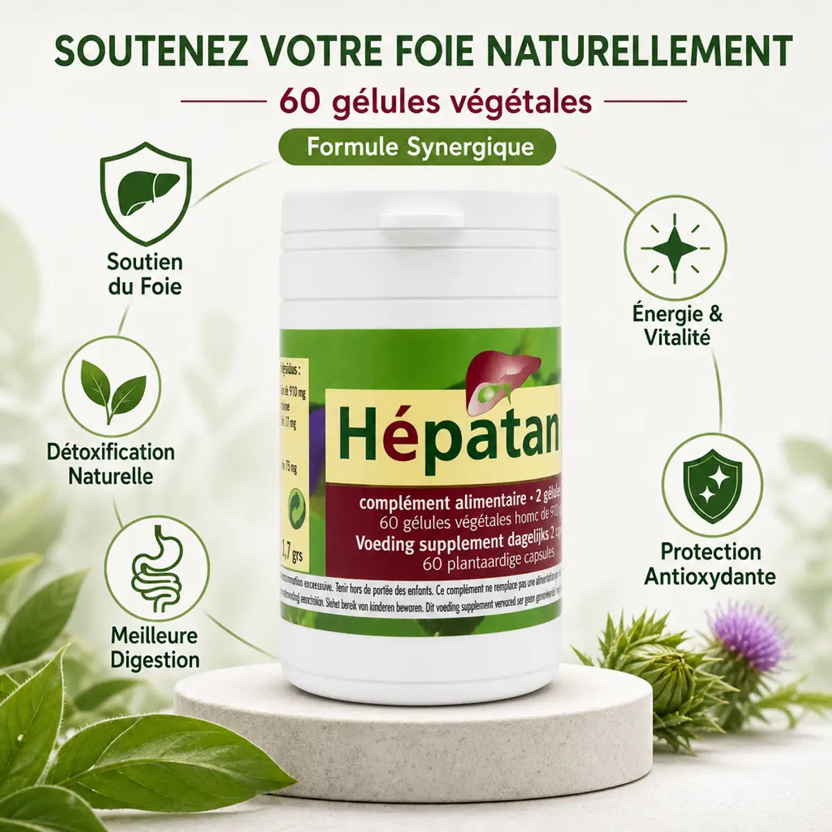 Hépatance foie 60 gélules avec infographie bénéfices détoxification naturelle énergie vitalité