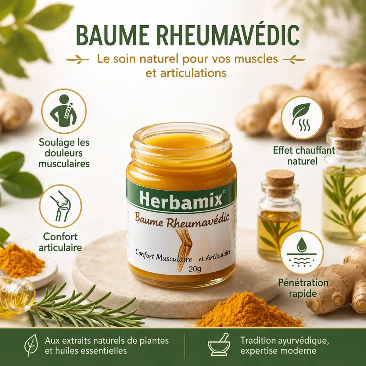 Herbamix Baume Rheumavedic 20g - soulage douleurs musculaires et confort articulaire avec ingrédients naturels