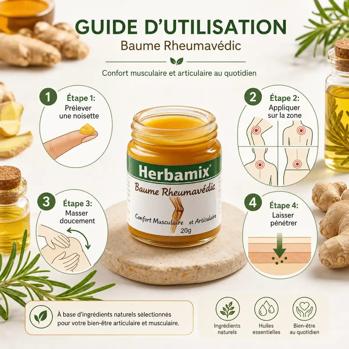 Herbamix Baume Rheumavedic guide d'utilisation avec 4 étapes d'application pour soulager muscles et articulations