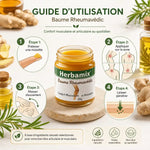 Herbamix Baume Rheumavedic guide d'utilisation avec 4 étapes d'application pour soulager muscles et articulations