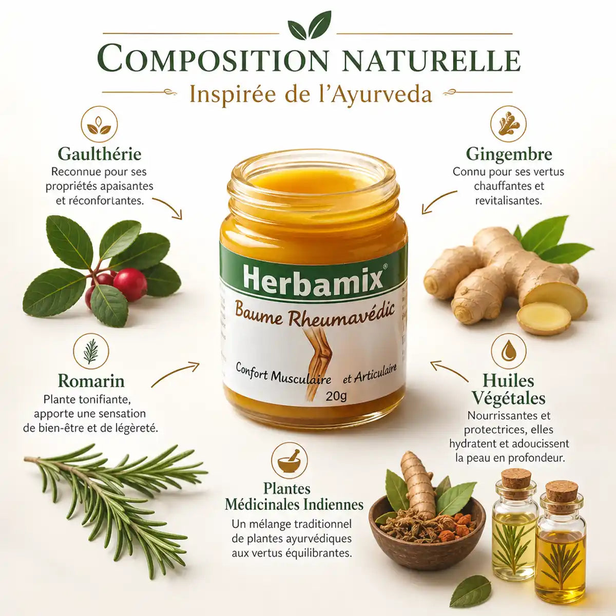 Herbamix Baume Rheumavedic 20g avec ingrédients naturels - gaulthérie, romarin, gingembre