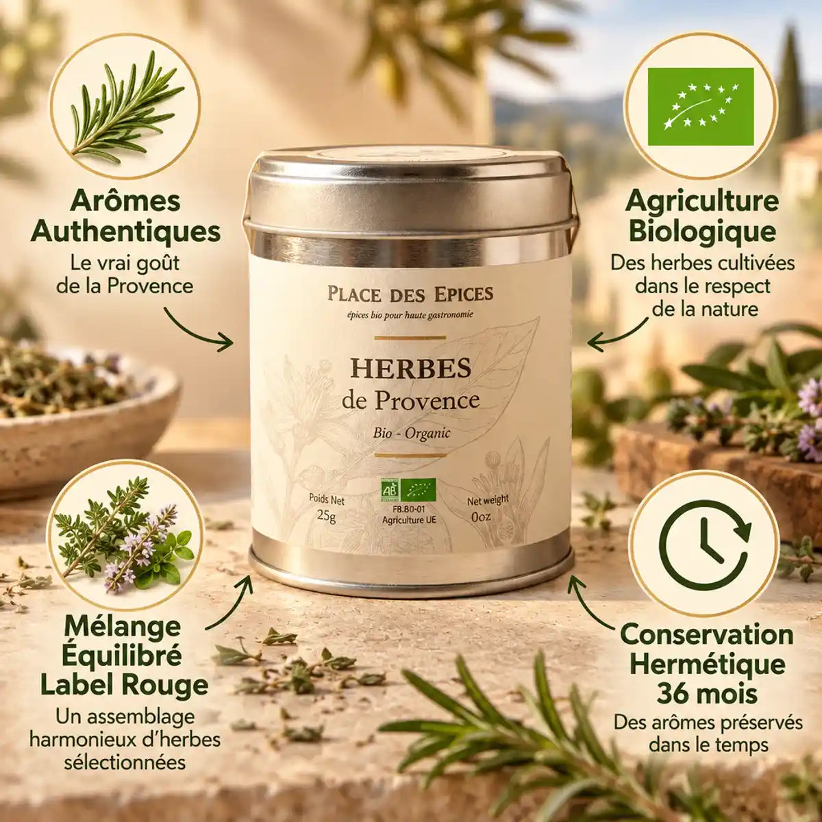 Herbes de Provence Bio 30g Place des Épices - Boîte métallique avec bénéfices produit