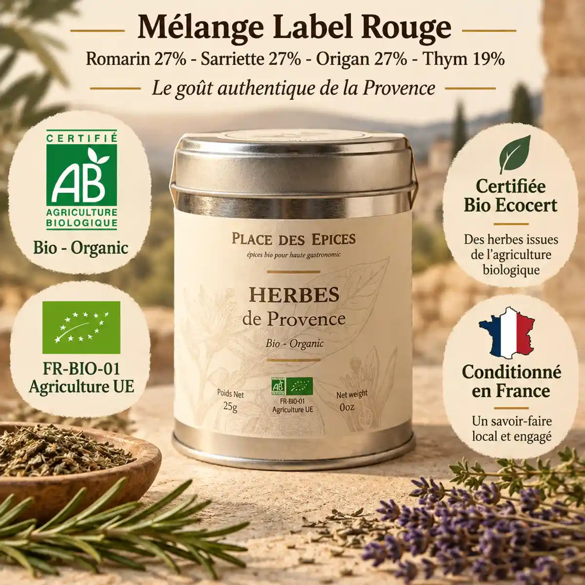 Herbes de Provence Bio 30g Place des épices - Boîte métallique certifiée AB avec badges organiques