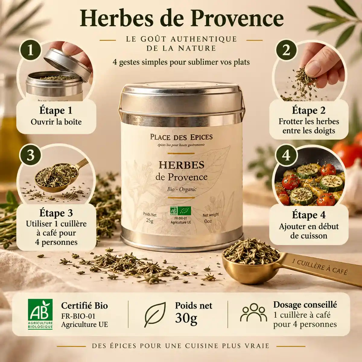 Herbes de Provence Bio 30g Place des épices - Boîte métallique avec guide d'utilisation et dosage