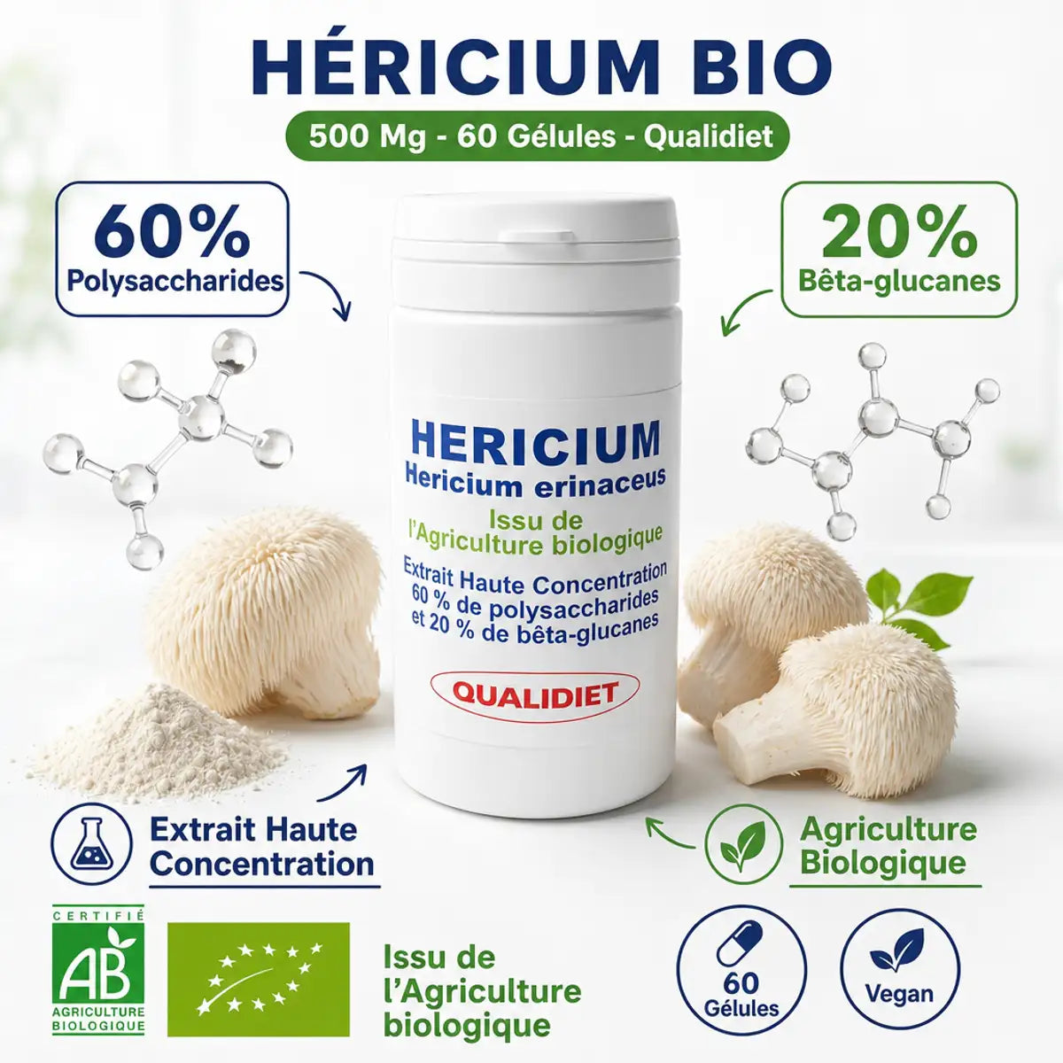 Héricium bio 500mg Qualidiet - Flacon 60 gélules avec champignon, polysaccharides et certification bio