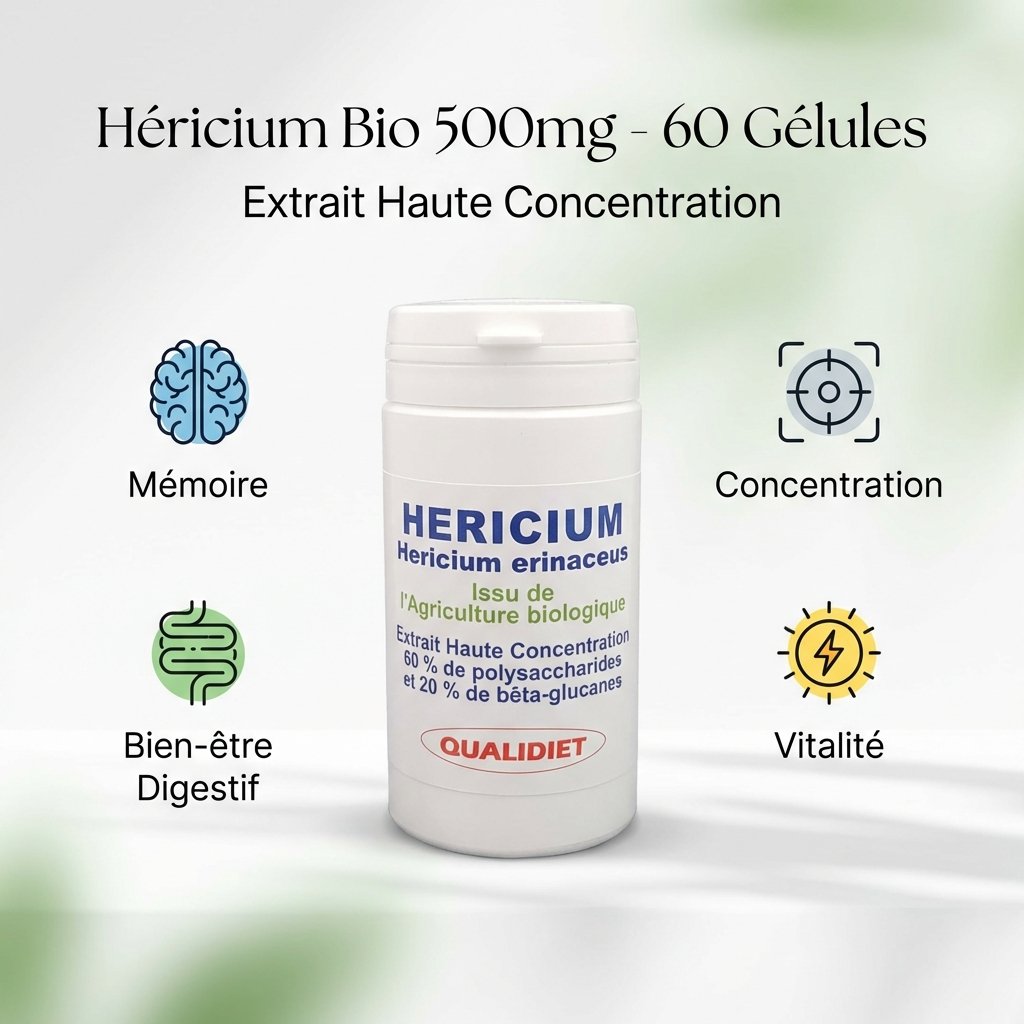 Héricium bio 500mg 60 gélules avec icônes mémoire concentration digestion vitalité