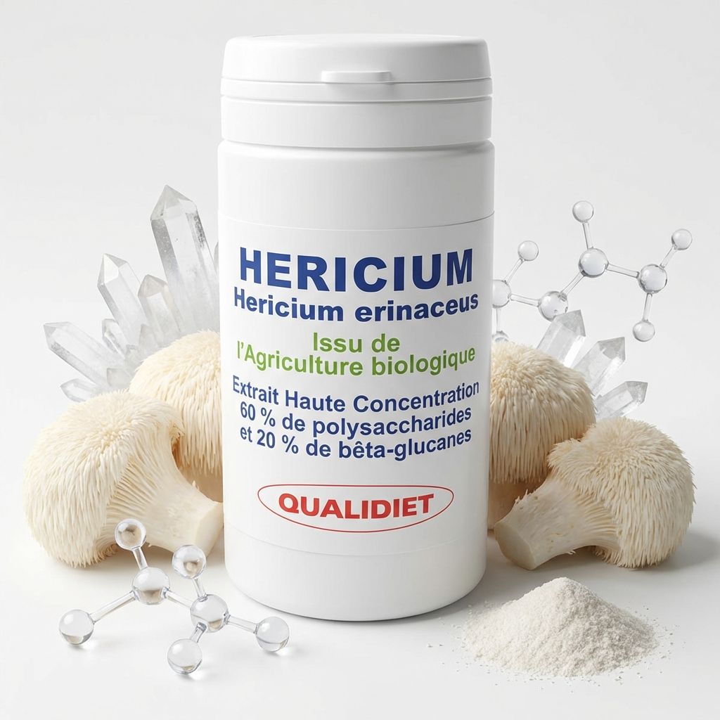 Héricium bio 500mg flacon avec ingrédients naturels et champignons lion's mane