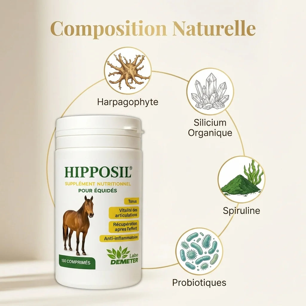 Hipposil complément arthrose cheval - bouteille avec composition naturelle silicium harpagophyte spiruline probiotiques