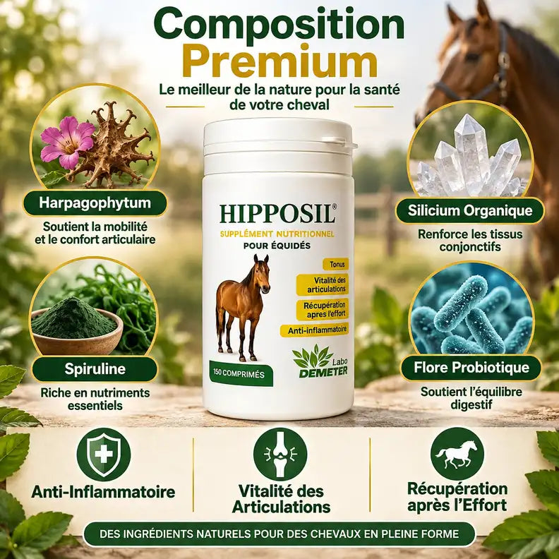 Hipposil comprimés arthrose cheval - bouteille avec harpagophytum, silicium et spiruline pour articulations