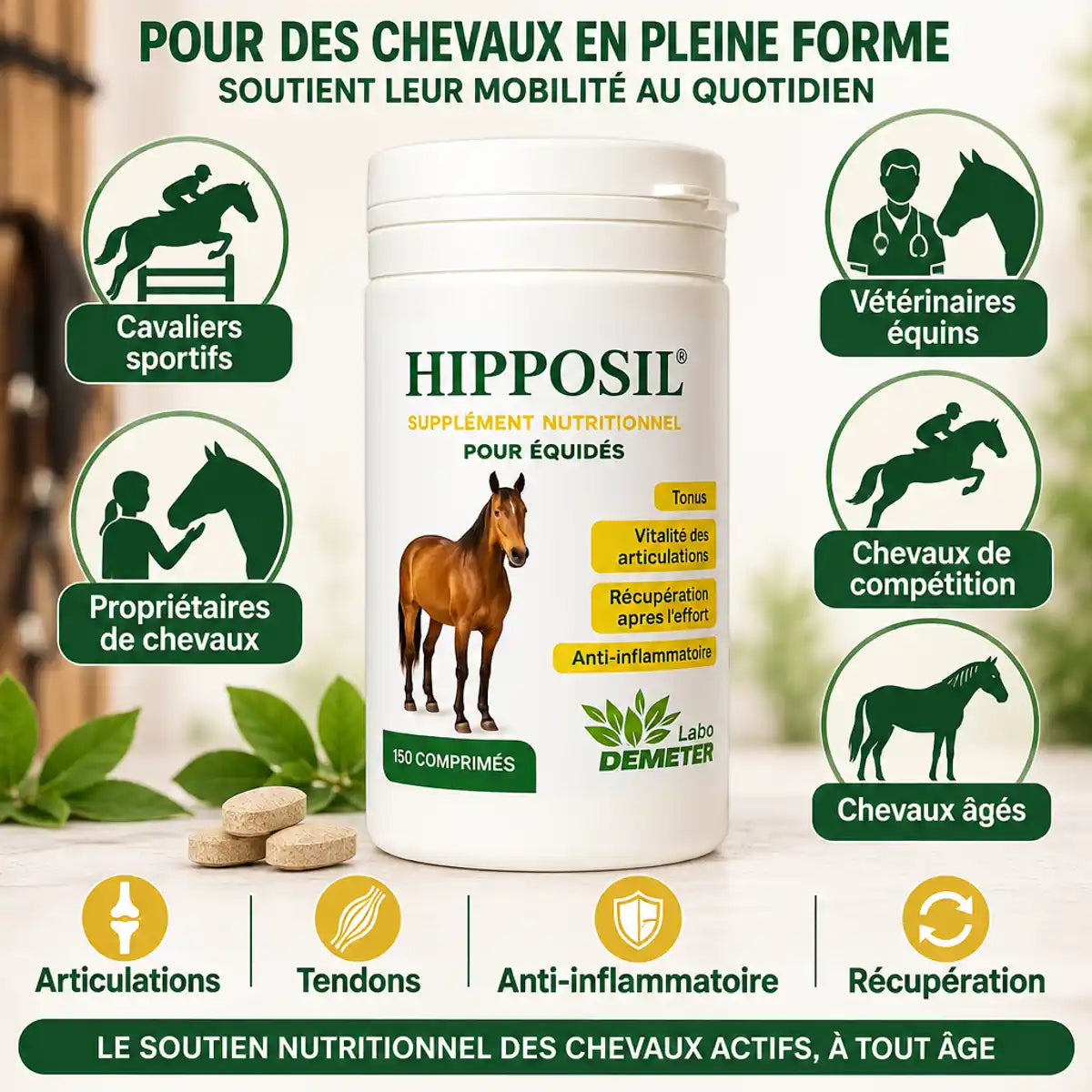 Hipposil comprimés arthrose cheval - articulations tendons anti-inflammatoire Labo Demeter