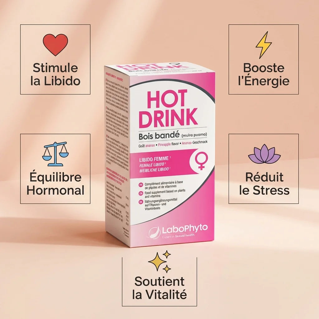 Hot Drink Femme Bois Bandé 250ml Labophyto avec infographie des 5 bénéfices pour la libido et l'énergie