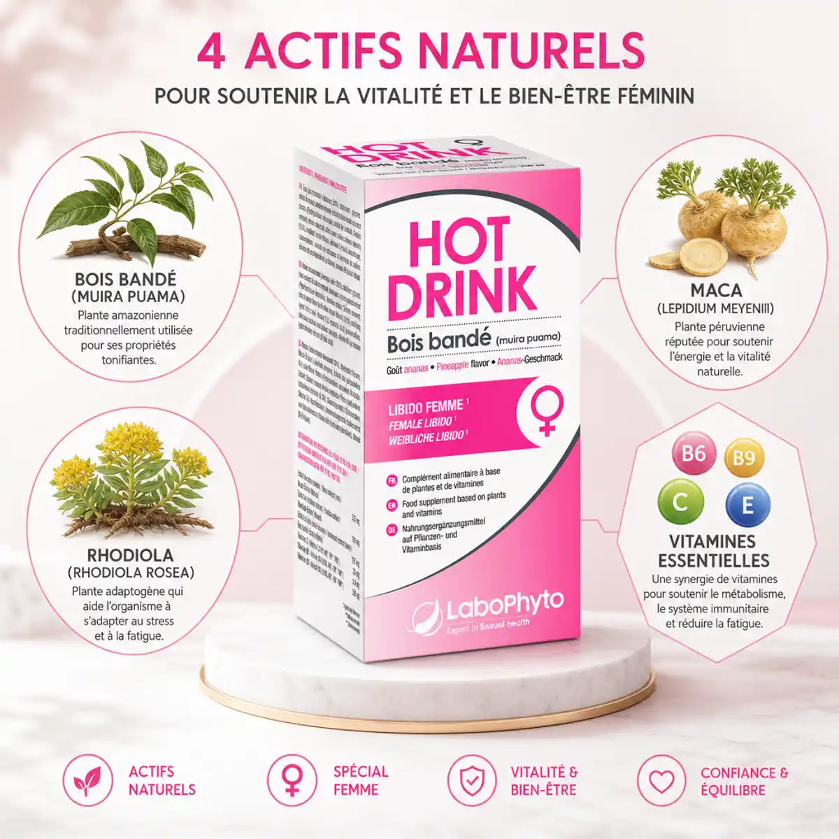 Flacon Hot Drink Femme Bois Bandé 250ml Labophyto avec ingrédients actifs Maca Rhodiola Vitamines