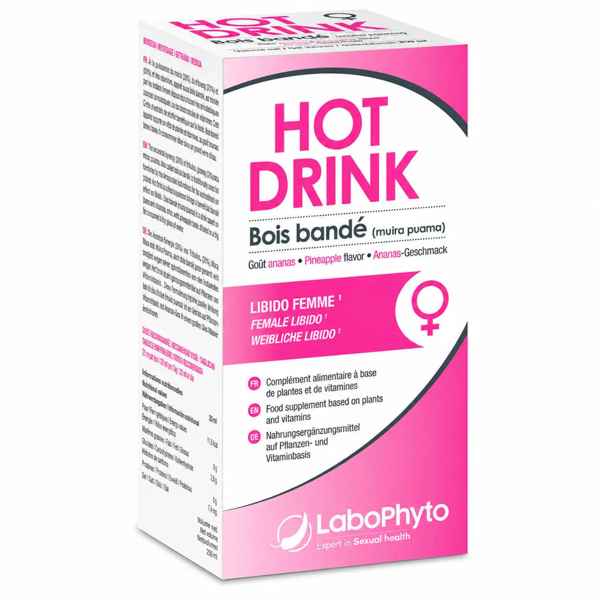 Labophyto Hot Drink Femme Bois Bandé 250ml, boîte blanche design rose vif, packaging produit