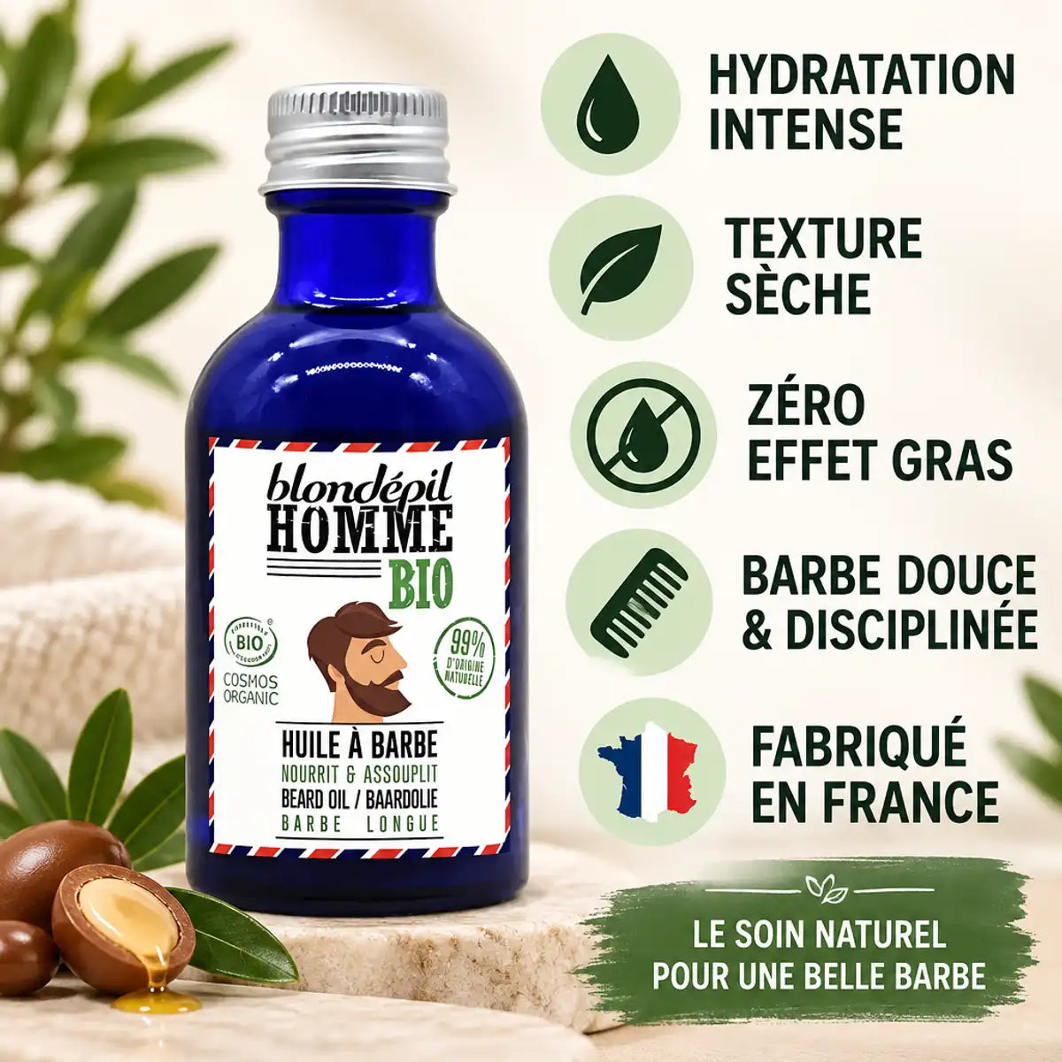 Huile à barbe bio Blondépil Homme 50ml avec ses 5 bénéfices: hydratation intense, texture sèche, zéro effet gras, barbe douce et disciplinée, fabriqué en France.
