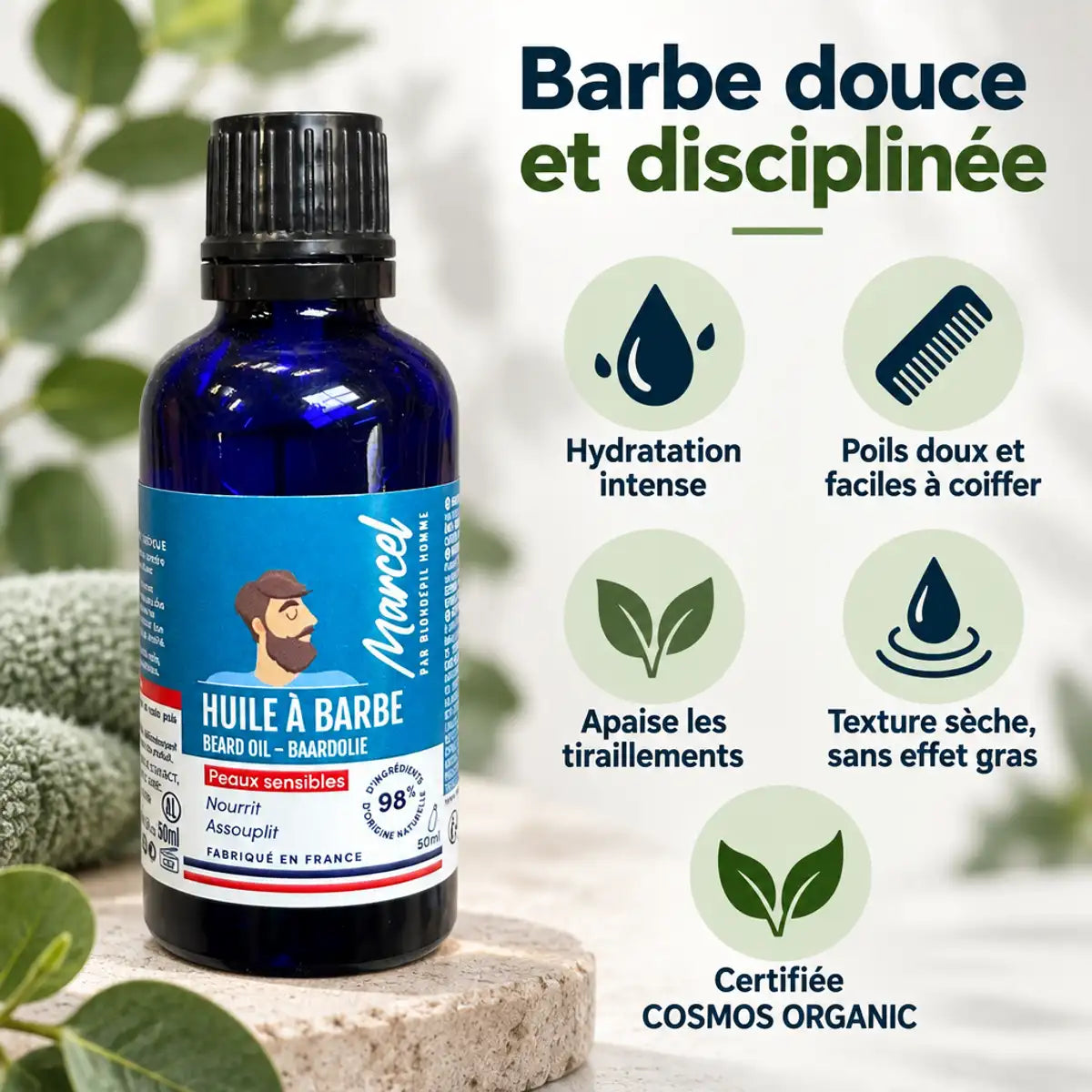 Flacon d'huile à barbe bio 50 ml Blondépil Homme, avec icônes hydratation, douceur et certification COSMOS ORGANIC sur fond blanc et sauge