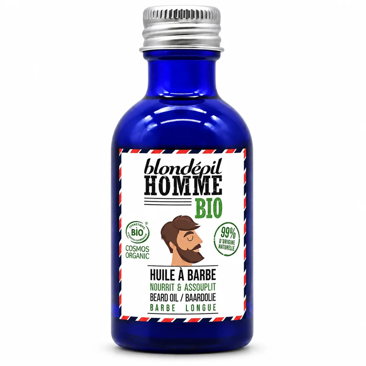 Huile à barbe bio Blondépil Homme 50ml flacon verre bleu avec pipette intégrée