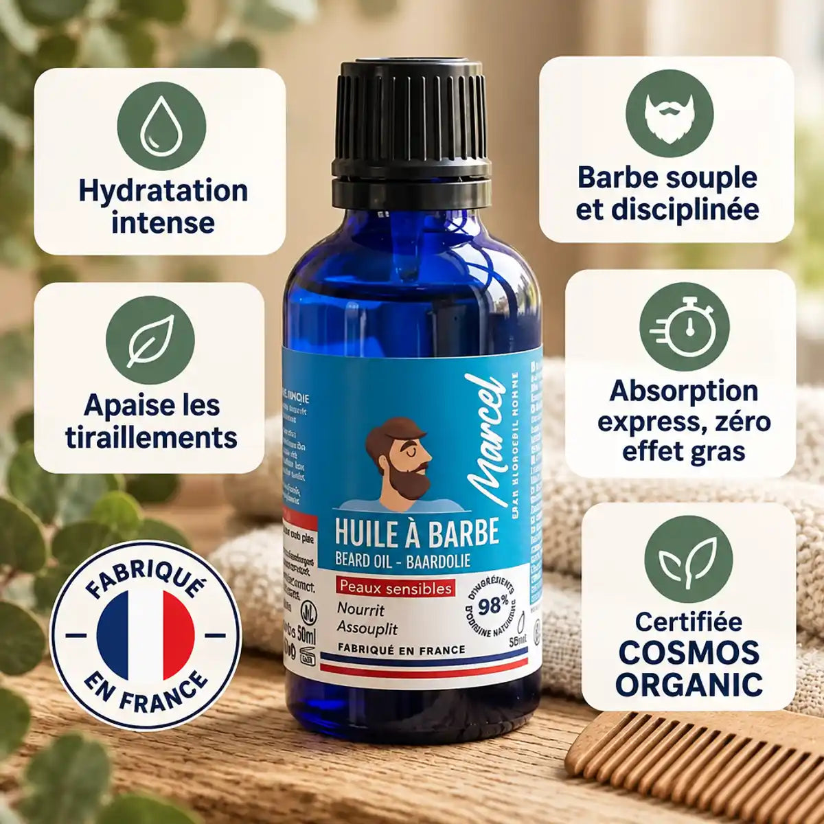 Huile à barbe Marcel 50 ml en flacon compte-gouttes bleu, sur bois clair avec peigne, pour barbe souple et peaux sensibles