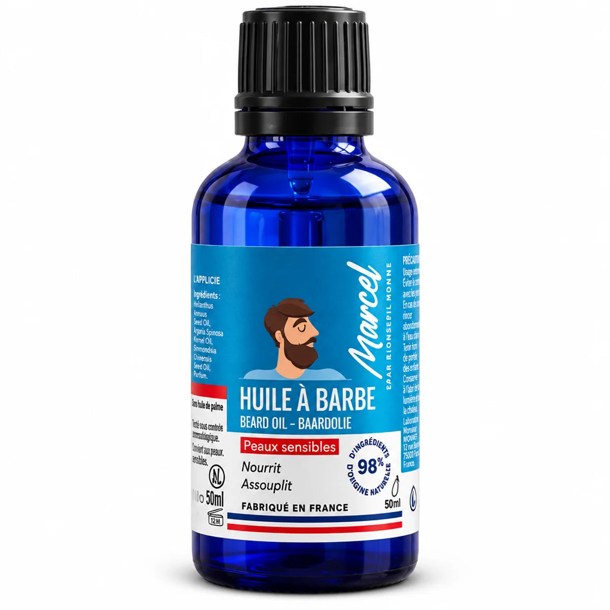Flacon d'huile à barbe Marcel 50 ml bleu cobalt, peaux sensibles, nourrit et assouplit, fabriqué en France par Blondépil