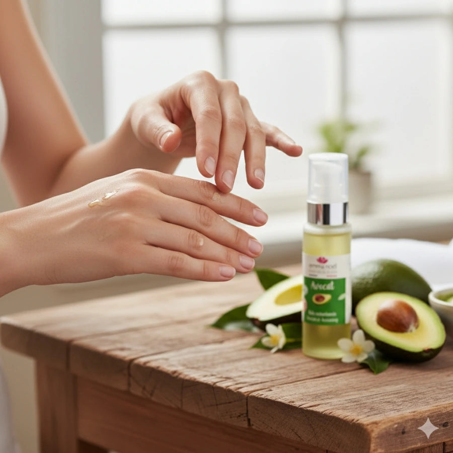 Une femme appliquant de l'huile d'avocat sur ses mains