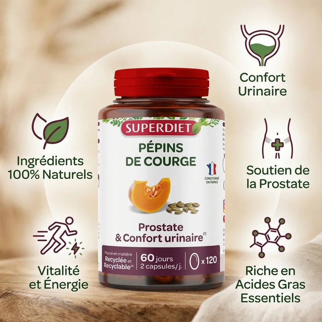 Huile bio pépins courge Superdiet 120 capsules avec bénéfices prostate et confort urinaire