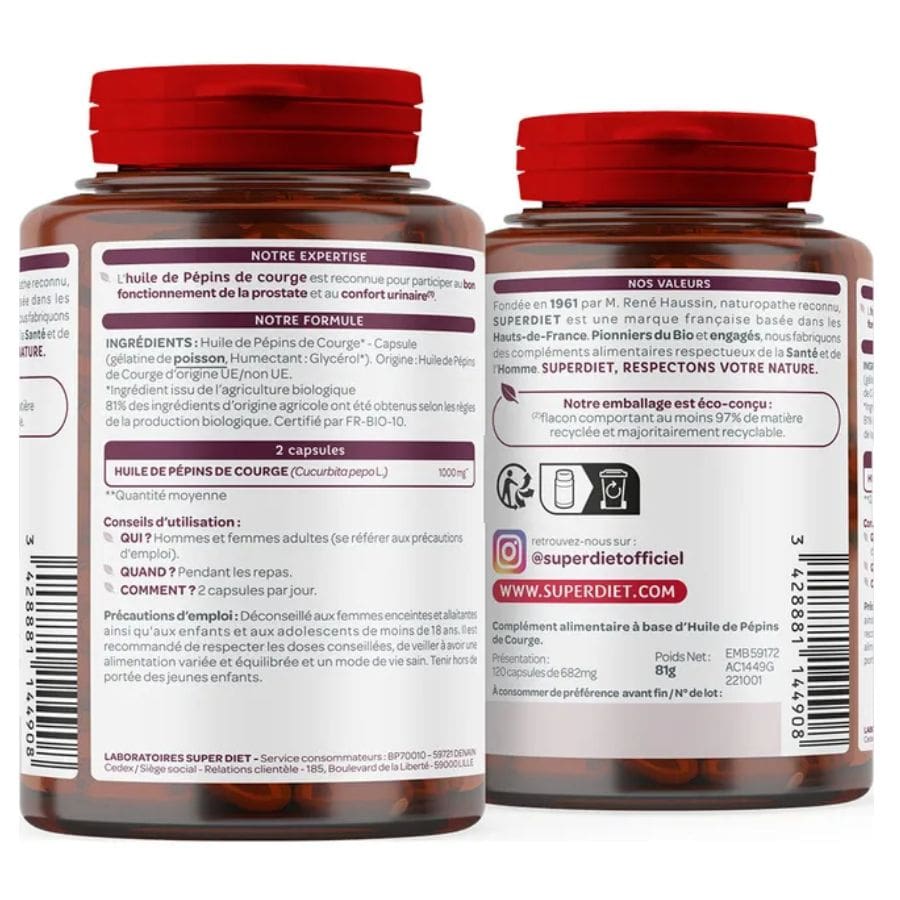 le dos d'un flacon d'huile bio de pépins de courge de 120 capsules de la marque Superdiet