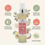Huile capillaire bio Emma Noël 100mL avec icônes de nutrition, brillance et protection thermique