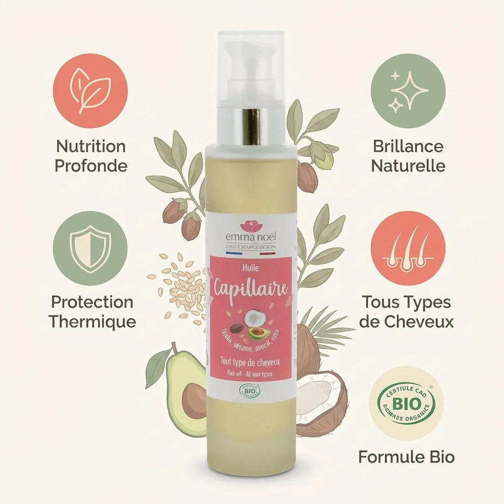 Huile capillaire bio Emma Noël 100mL avec icônes de nutrition, brillance et protection thermique