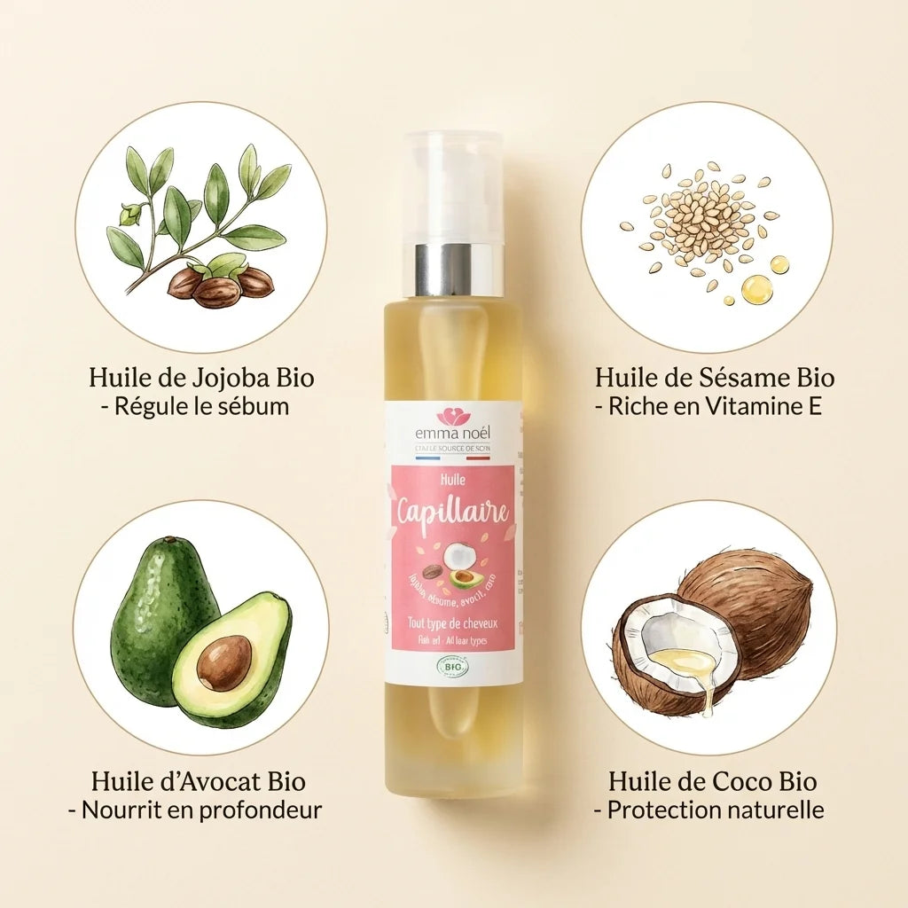 Huile capillaire bio Emma Noël 100mL avec ingrédients naturels : jojoba, sésame, avocat, coco