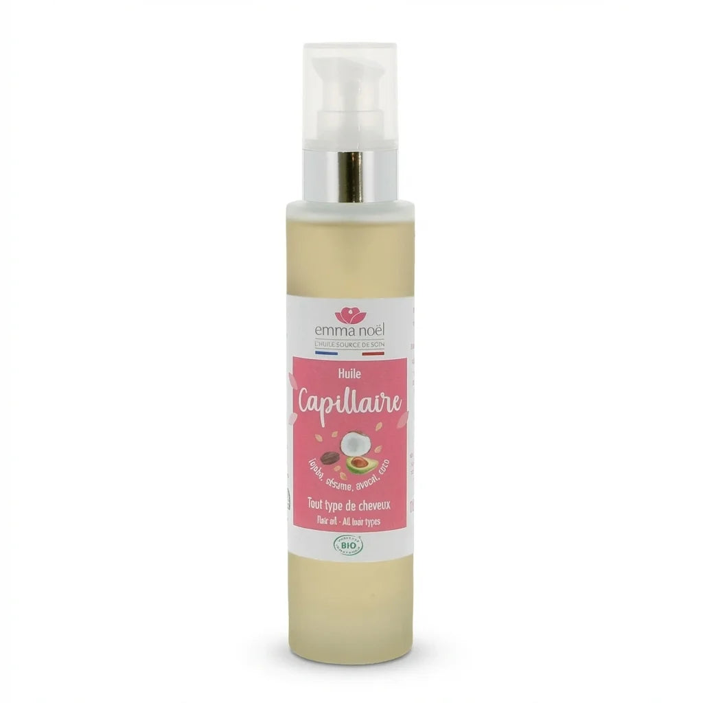 Huile capillaire bio Emma Noël 100 mL flacon spray avec pompe, label rose et blanc
