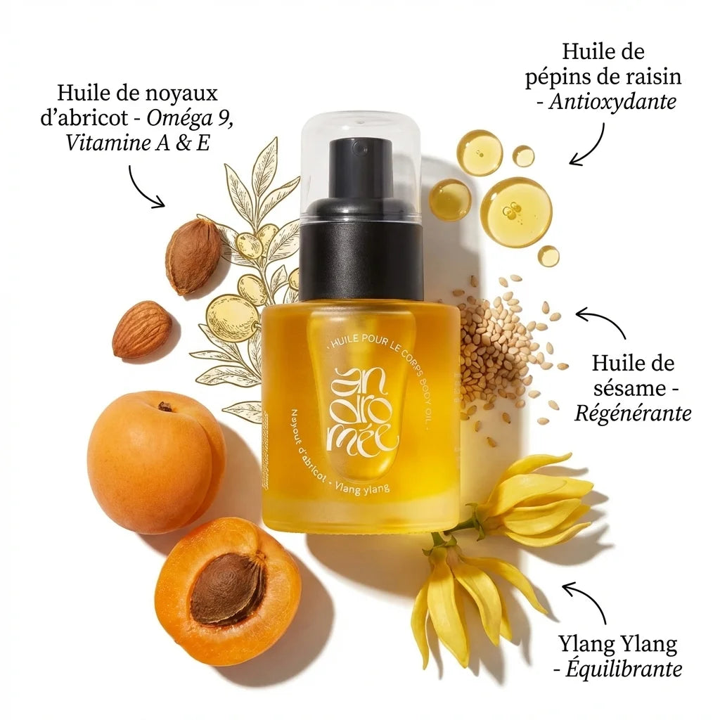 Huile corps Abricot & Ylang Ylang Andromée 30ml avec ingrédients naturels et propriétés cosmétiques