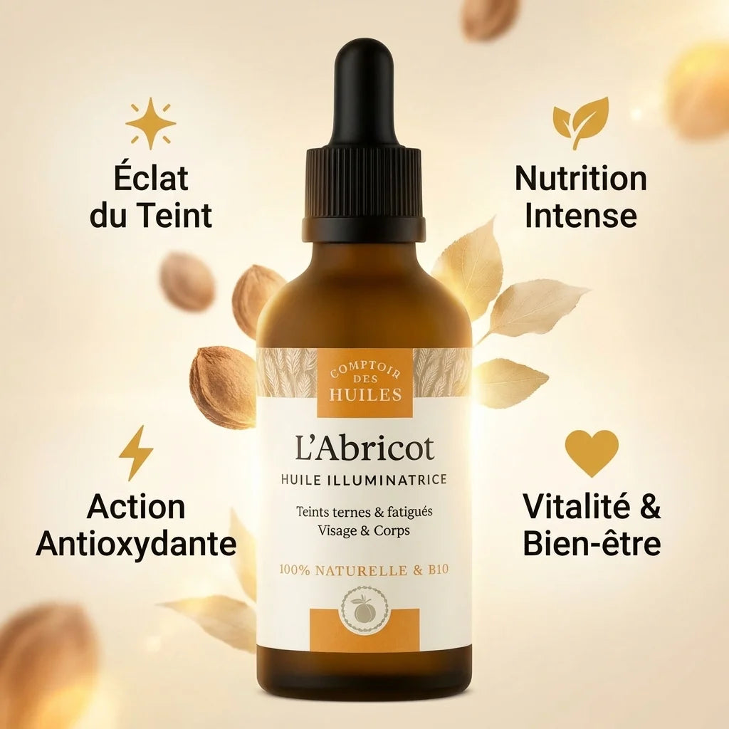 Huile d'Abricot Bio 50ml Comptoir des Huiles - Flacon avec bénéfices teint illuminé nutrition intense