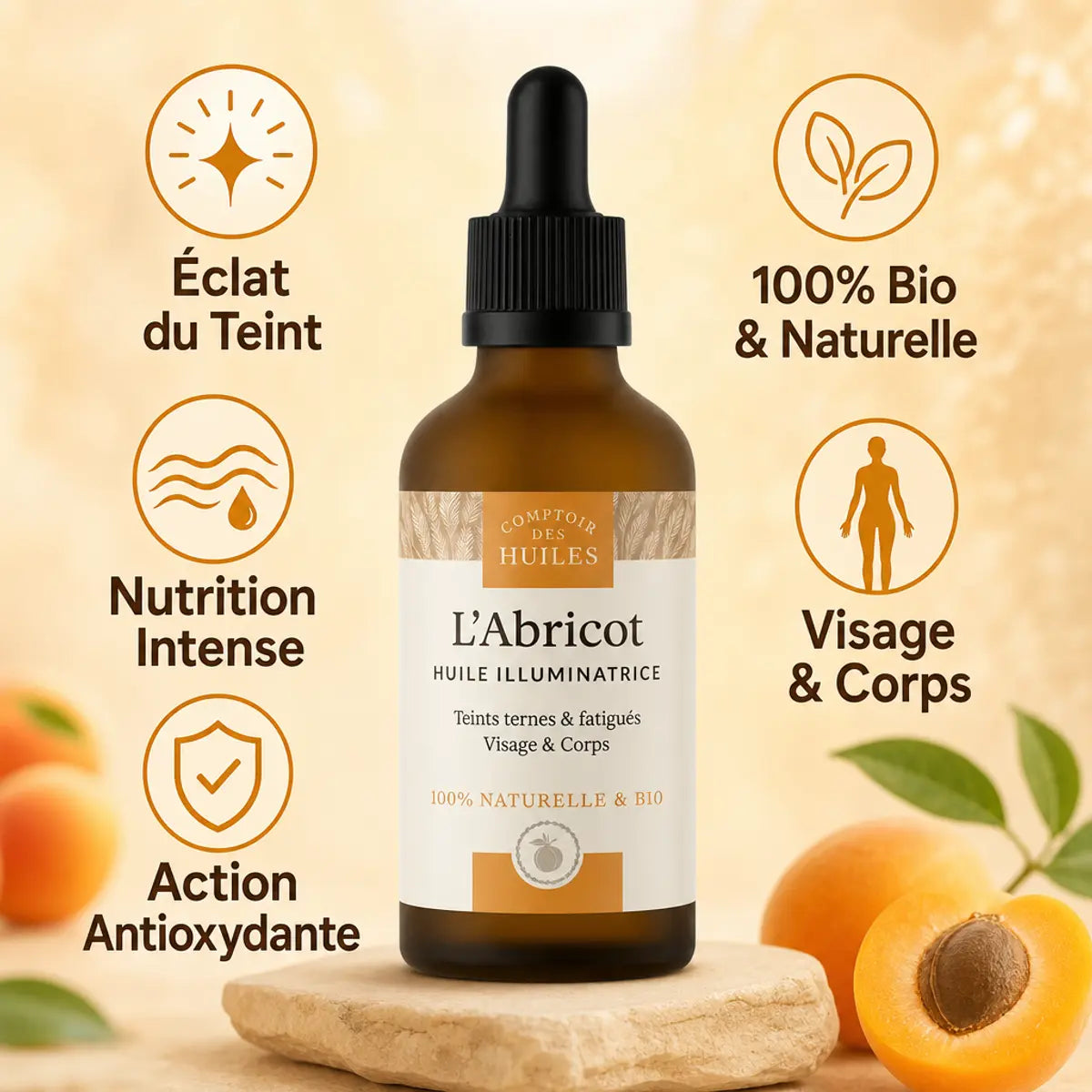 Huile d'Abricot Bio 50ml Comptoir des Huiles avec bénéfices : éclat, nutrition, antioxydants, naturel
