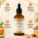 Huile d'Abricot Bio 50ml guide d'application visage corps avec étapes massage illuminatrice Comptoir des Huiles
