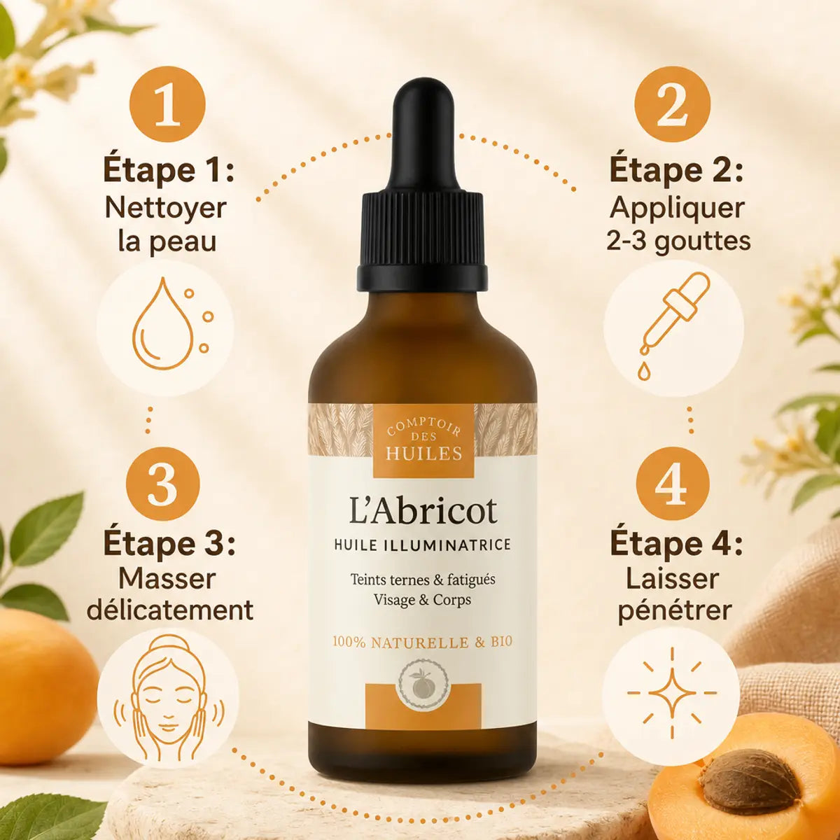Huile d'Abricot Bio 50ml guide d'application visage corps avec étapes massage illuminatrice Comptoir des Huiles