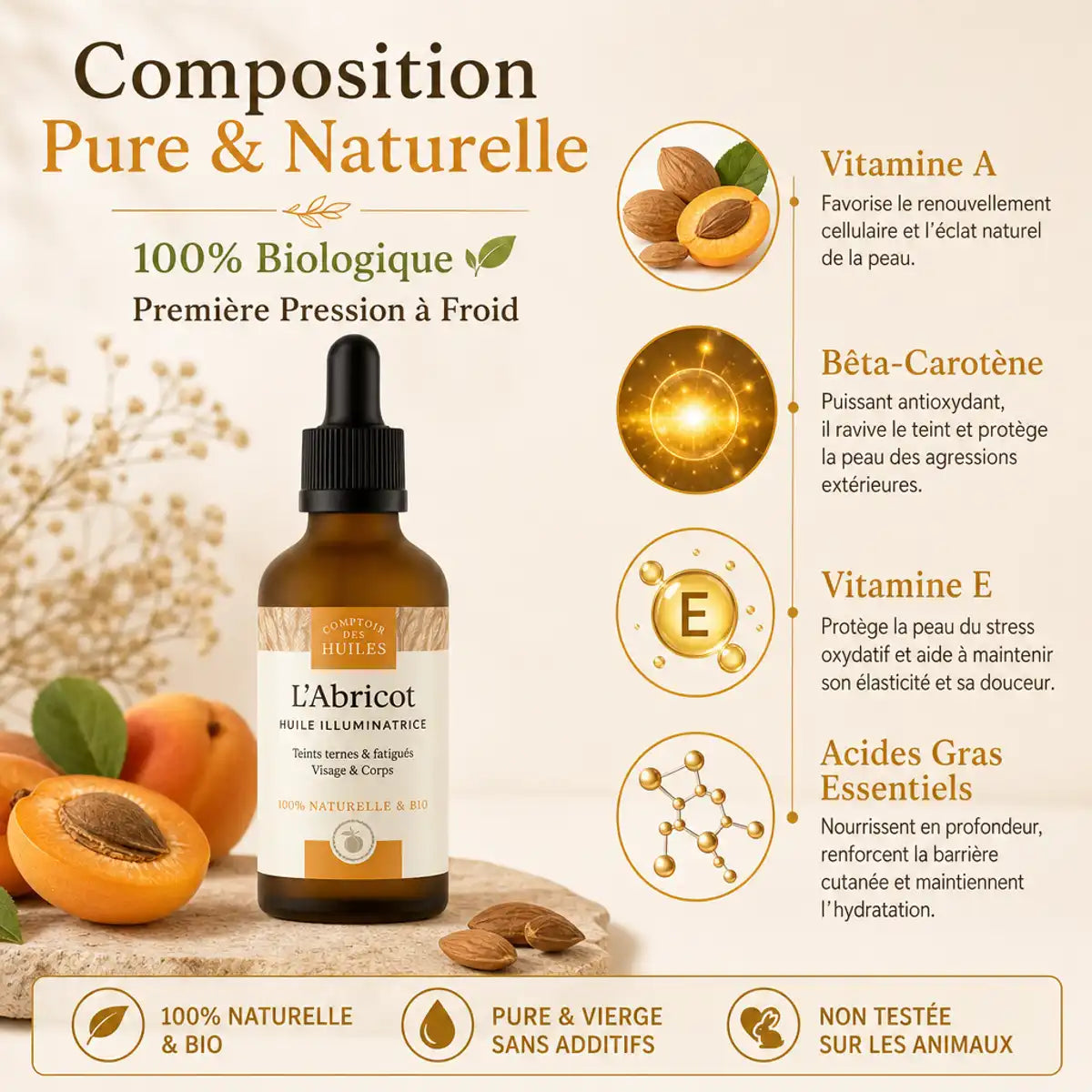 Huile d'Abricot Bio 50ml - Flacon avec ingrédients actifs Vitamine A, E et acides gras essentiels