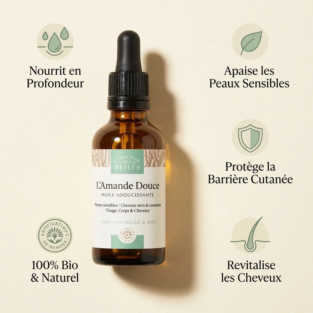 Huile d'Amande douce Bio Comptoir des Huiles avec infographie des 5 bénéfits pour peau et cheveux