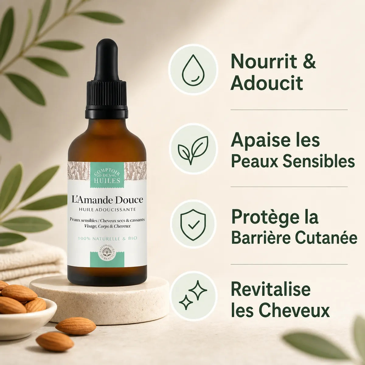 Huile d'Amande douce Bio - Bouteille avec bénéfices : nourrit, apaise, protège peau et cheveux