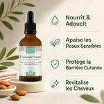 Huile d'Amande douce Bio - Bouteille avec bénéfices : nourrit, apaise, protège peau et cheveux