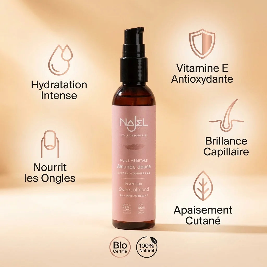 Huile d'amande douce bio NAJEL 80ml avec ses 5 bénéfaits : hydratation, vitamine E, brillance capillaire, apaisement cutané, nourrit ongles