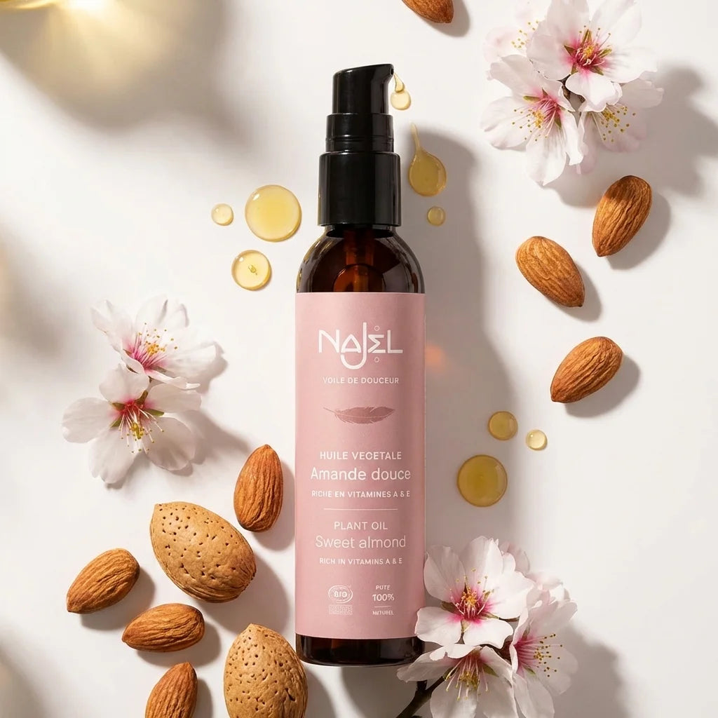 Huile d'amande douce bio NAJEL 80ml avec amandes fraîches et gouttes dorées