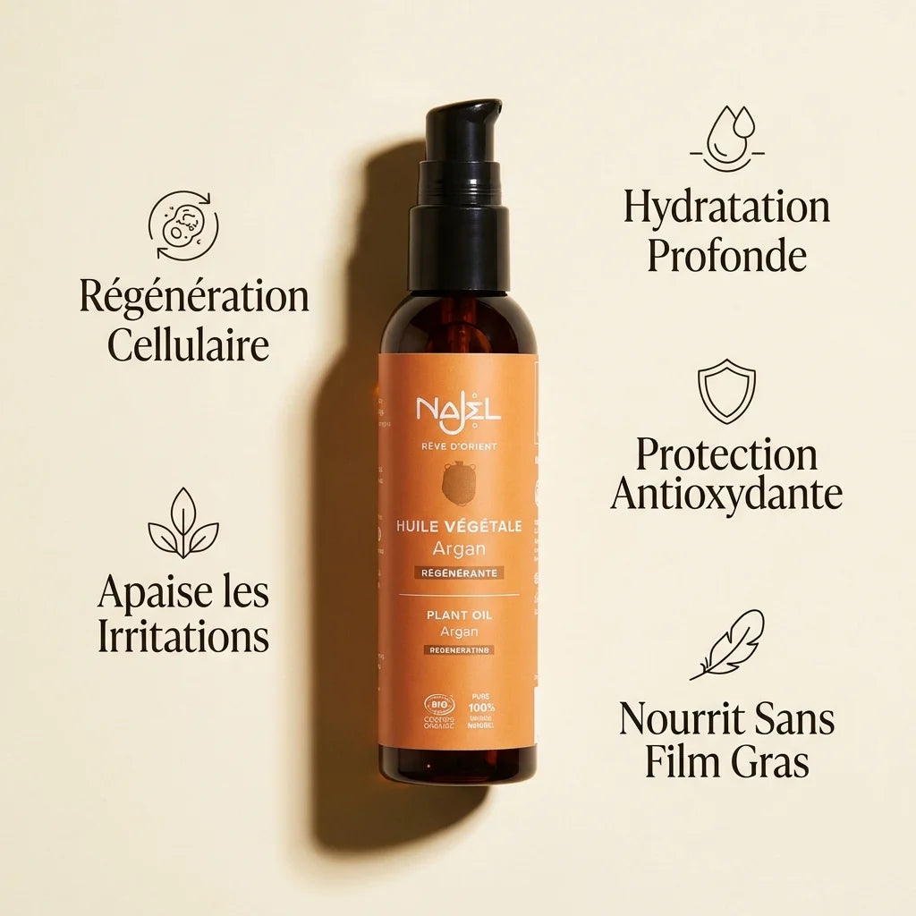 Huile d'Argan Bio Najel 80ml avec bénéfices : hydratation, régénération, protection antioxydante