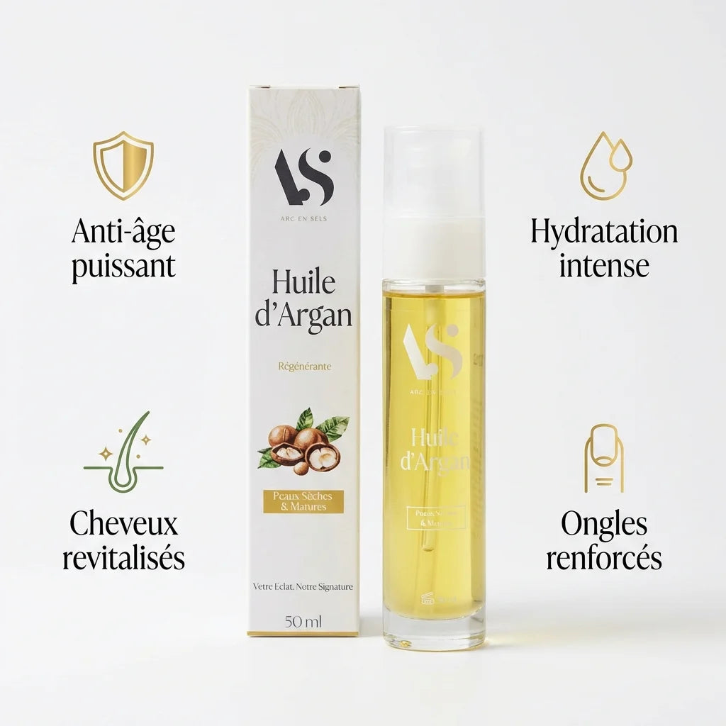 Huile d'Argan Bio 50ml Arc en Sels avec infographie bénéfices anti-âge hydratation cheveux ongles