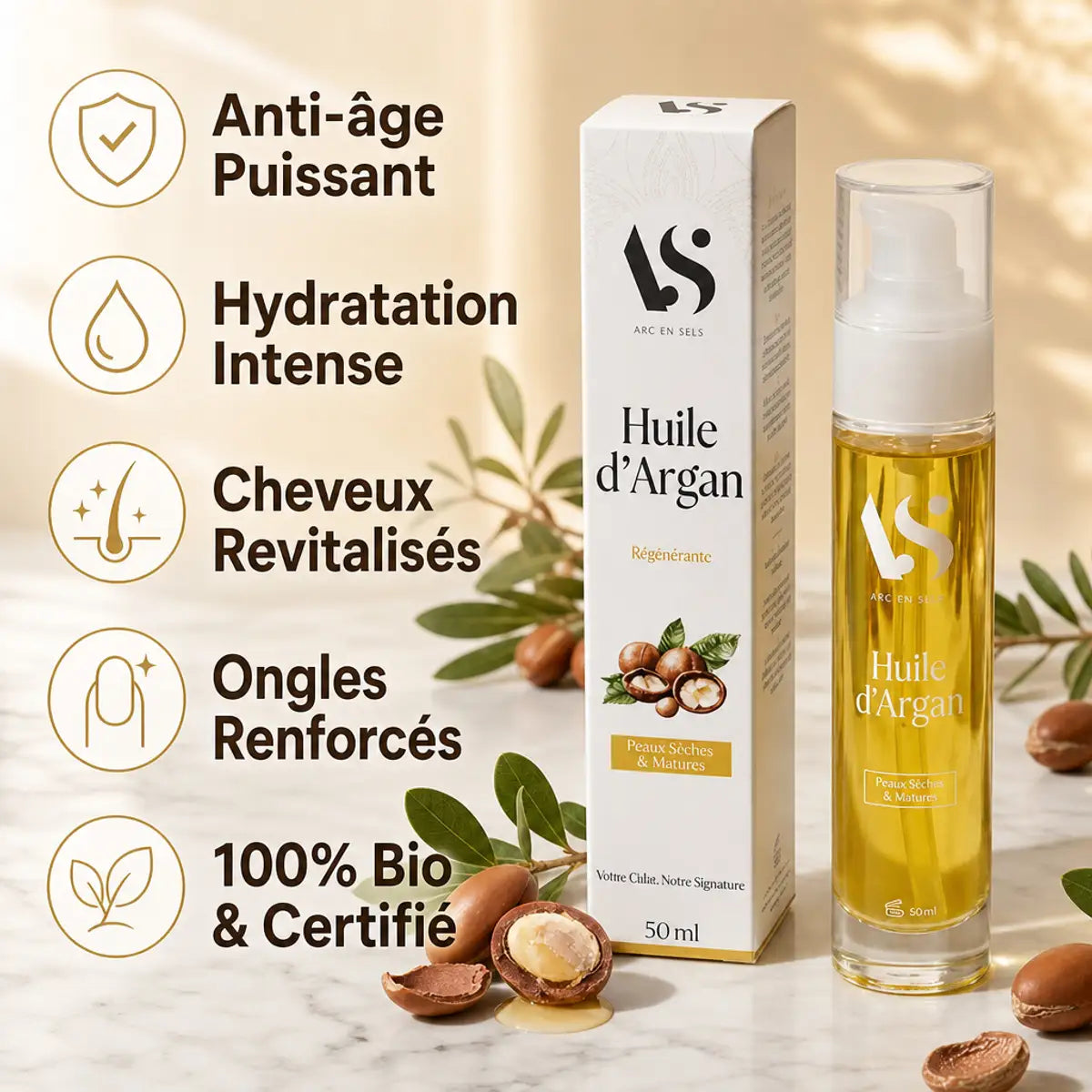 Huile d'Argan Bio 50ml Arc en Sels avec ses bénéfices : anti-âge, hydratation, cheveux revitalisés