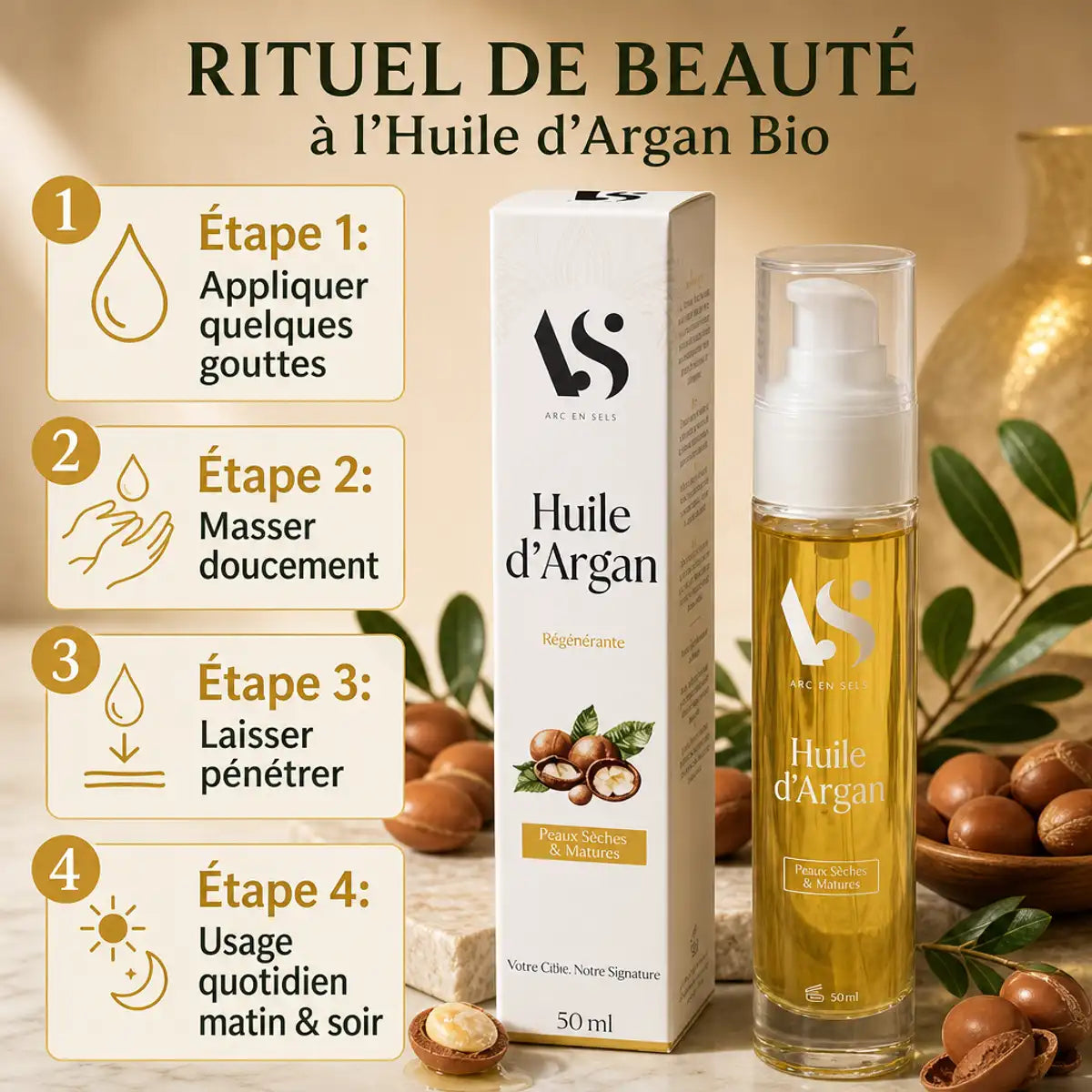 Huile d'Argan Bio Arc en Sels 50ml avec guide d'utilisation et éléments naturels