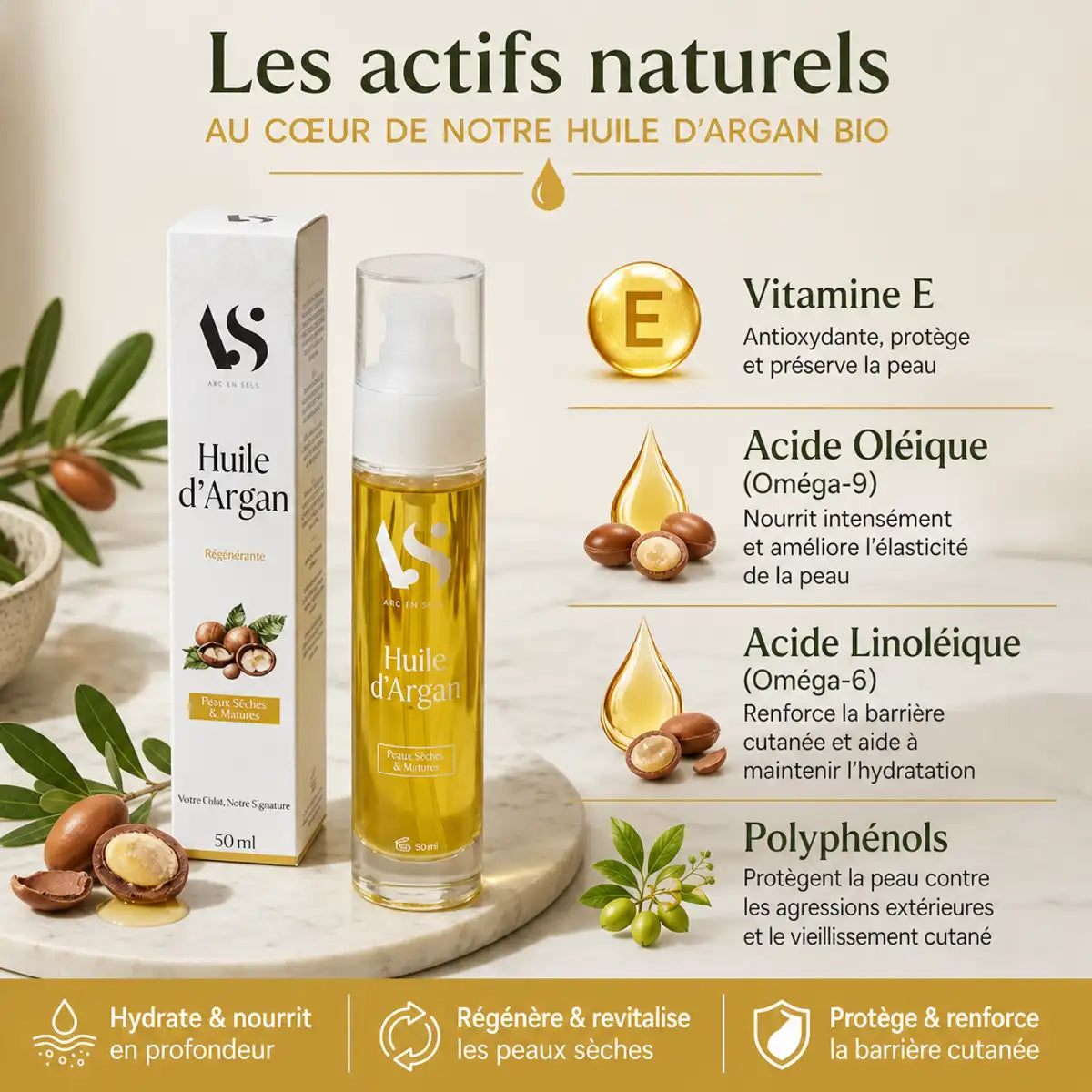 Huile d'Argan Bio 50ml Arc en Sels avec ingrédients actifs - Vitamine E, Oméga 6 et 9