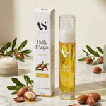 Huile d'Argan Bio Arc en Sels 50ml avec fruits et feuilles de arganier sur marbre